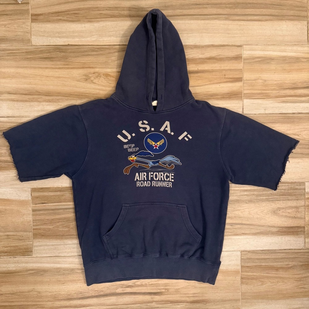 Looney Tunes Road Runner USAF Air Force Short Sleeve Hoodie Navy Blue Mens M
